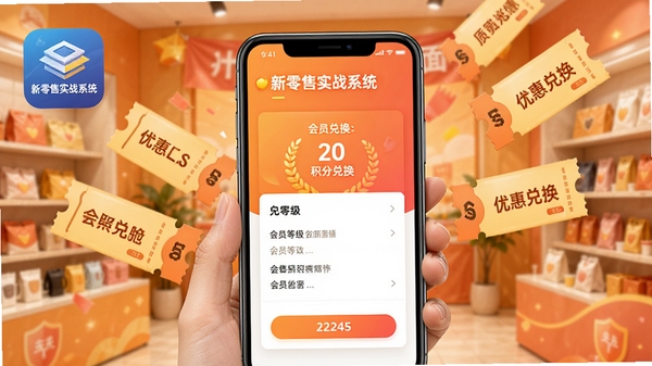新零售实战系统会员营销功能界面,手机屏幕展示会员等级与积分兑换页面,背景是门店促销活动场景,有优惠券飘落效果,色彩活泼温暖,包含“新零售实战系统”应用图标