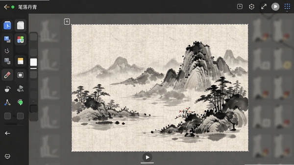 笔落丹青应用主界面预览图，展示水墨风格绘画工作区，左侧工具栏，中央画布上有一幅未完成的山水画，背景为素雅宣纸纹理，整体色调淡雅，光线柔和，突出软件界面与绘画氛围。