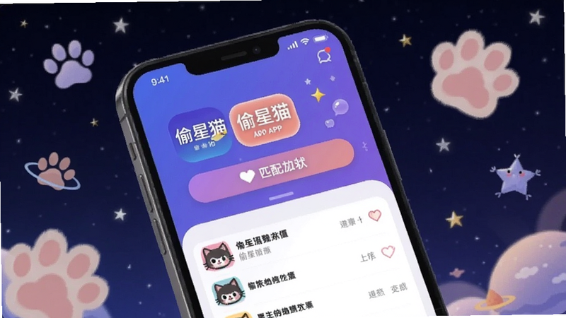 画面主体为偷星猫APP首页,背景是深邃星空与可爱的猫爪图案,界面显示匹配按钮和动态列表,整体色调蓝紫色,充满科技感和温馨感,适合Boogu模型生成