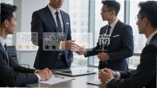 榕源材料供应商列表页面，手机界面显示供应商卡片与评分，背景为商务洽谈场景，风格专业，突出信任感