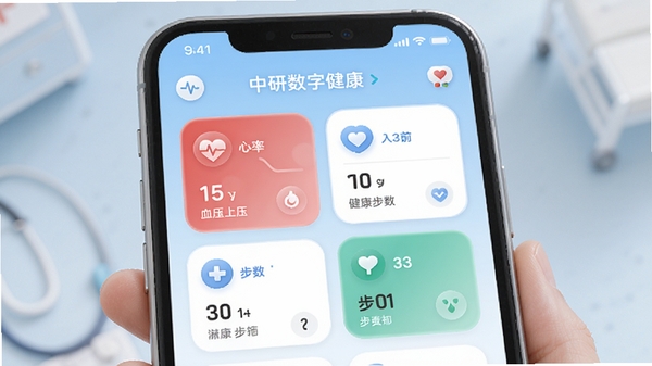中研数字健康主界面预览图,手机屏幕展示健康数据看板,包含心率、血压、步数等卡片,背景为浅蓝色医疗风格,界面简洁清爽,图标圆润,整体光线柔和,细节丰富,适配Boogu模型生成