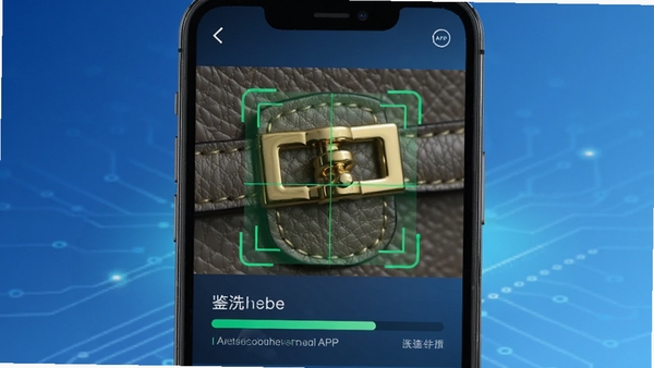 易洗鎏易二奢APP的AI鉴定功能界面，手机屏幕内展示着对一款名牌手袋的五金件微距拍摄画面，屏幕上有绿色的扫描网格和鉴定进度条，背景是简洁的科技感蓝色渐变，突出人工智能识别与专业感的结合