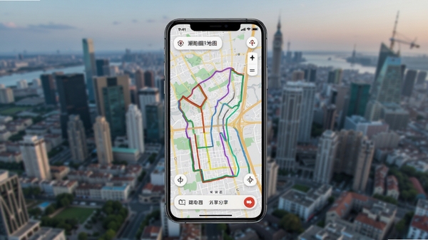 潮跑圈路线地图展示图，手机屏幕显示城市地图与多条彩色跑步路线，背景为城市俯瞰图，画面清晰，突出路线规划与分享功能，主体居中，背景虚化，适合Boogu模型生成