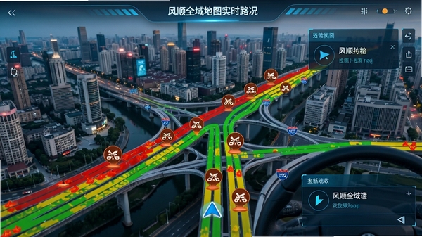 风顺全域地图实时路况界面，城市道路以红黄绿三色显示拥堵情况，并伴有事故图标，导航语音播报提示框，背景为城市航拍，科技感强，色彩鲜明，写实风格