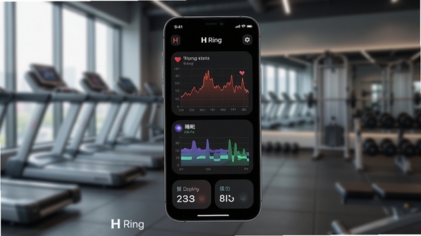展示H Ring健康监测功能的手机截图，界面以深色模式呈现，心率曲线图与睡眠分期图清晰可见，数据卡片采用圆角设计，背景为模糊的健身房环境，强调科技感与专业感