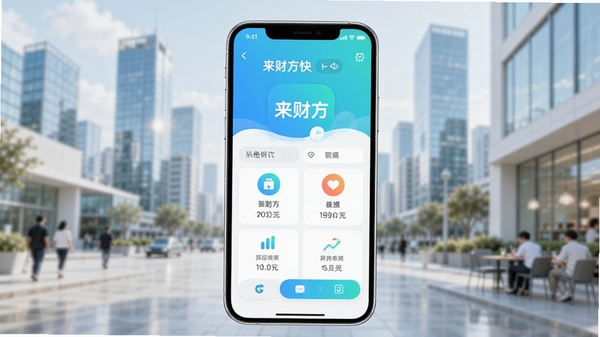 来财方快app主界面预览图,展示其简洁明快的功能布局和清新的色彩搭配,背景为虚化的现代城市生活场景,整体风格明亮通透,突出软件的实用性与现代感