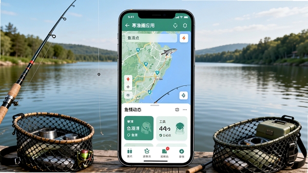 寒渔圈应用主界面预览图,展示钓点地图与鱼情动态卡片,背景为江河湖泊实景,画面中心以手机界面为主体,周围环绕钓鱼竿、鱼护等元素,整体色调清新自然,突出钓鱼社交与工具属性