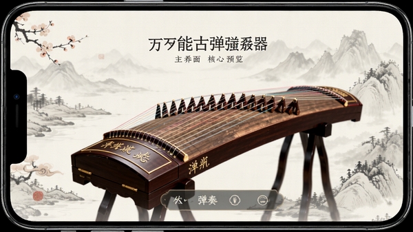 万能古筝弹奏器主界面预览图,展示古筝全貌与琴弦细节,界面风格古风典雅,背景为淡雅水墨山水画,光线柔和,整体氛围宁静致远,突出软件核心演奏功能,适配手机竖屏显示。