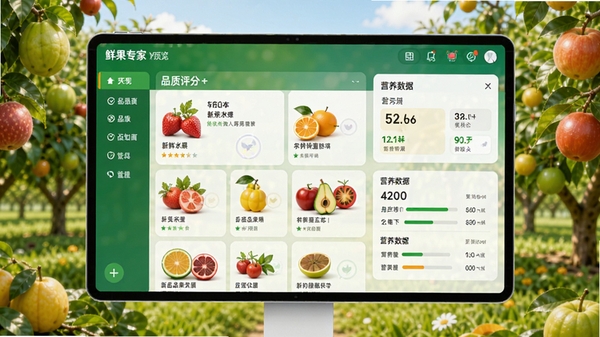 鲜果专家软件主界面预览图,展示新鲜水果列表、品质评分和营养数据,背景为清新果园,色彩明亮,突出智能管理功能