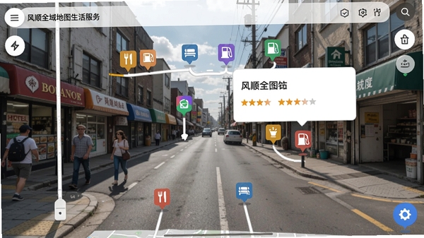 风顺全域地图生活服务界面，地图上分布着餐厅、酒店、加油站等彩色图标，点击弹出信息卡片，显示名称与评分，背景为实景街道，界面友好，图标清晰，风格写实