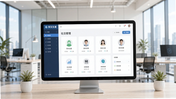 微友通软件主界面预览图，展示其简洁清晰的社交管理功能布局，背景为现代风格办公室，色调明亮，突出软件高效便捷的核心特点