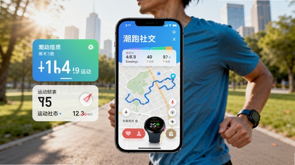 潮跑圈app主界面预览图，展示运动数据卡片与地图轨迹，背景为城市公园晨跑场景，跑者佩戴运动手表，画面明亮动感，突出运动社交氛围，主体居中，背景虚化，适合Boogu模型生成
