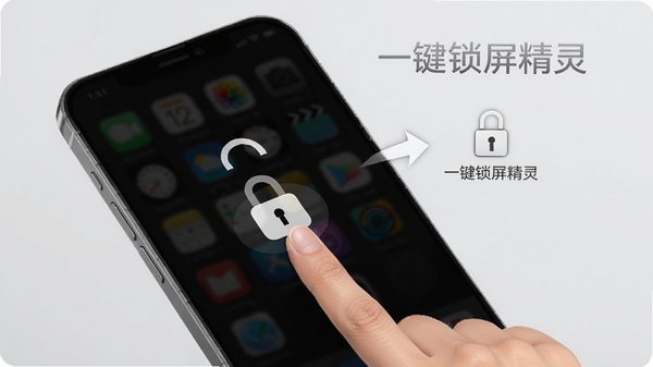 手指点击手机桌面上一键锁屏精灵的快捷图标，屏幕瞬间变暗锁定的动态过程示意图，画面清晰展示点击动作与锁屏结果，背景为浅灰色，突出软件名称一键锁屏精灵，风格写实清晰