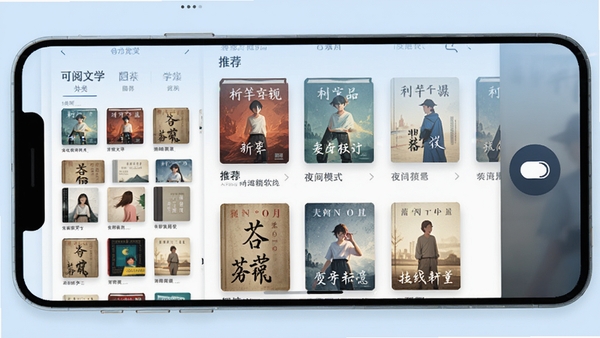 可阅文学手机阅读软件主界面预览图，展示书架分类、推荐书籍列表和夜间模式切换按钮，界面简洁清新，背景为淡蓝色调，书籍封面错落有致，整体风格现代扁平化设计，高清渲染，适合作为软件介绍首图