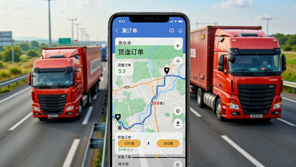 生成一张展示货车货运满运软件核心界面的预览图，画面主体是智能手机屏幕，屏幕内清晰显示着货运订单列表和地图路线，背景是繁忙的高速公路和行驶中的大货车，整体色调明亮，突出高效接单的氛围