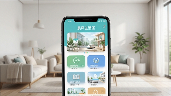 晨风生活APP主界面预览图，展示首页功能卡片布局，背景为现代简约客厅，色调明亮清新，软件名称晨风生活居中显示，整体风格写实自然