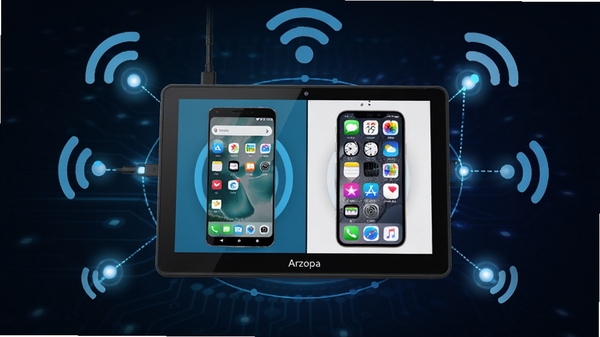 一张俯视角度拍摄的智能设备互联场景,画面中心是一台Arzopa便携显示器,屏幕被分割为两半,一半显示安卓手机界面,一半显示苹果手机界面,两者同时通过无线信号投射到屏幕上,四周环绕着Wi-Fi图标和连接节点光效,背景为深色科技感渐变,突出Arzopa畅连的多协议兼容特性,画面清晰,产品渲染图