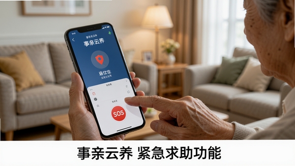 一位老人手指按在智能手机屏幕上的红色SOS按钮上，手机界面显示事亲云养正在定位并发送求助信号，背景为家庭客厅环境，画面强调紧迫感与安全感，图片下方标注“事亲云养紧急求助功能”
