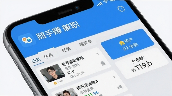 随手赚兼职软件主界面预览图,展示首页推荐兼职列表、任务分类导航栏以及用户账户余额区域,界面风格简洁明快,以蓝白为主色调,背景为浅灰色手机操作界面,整体画面清晰明亮,重点突出随手赚兼职的品牌标识与核心功能模块