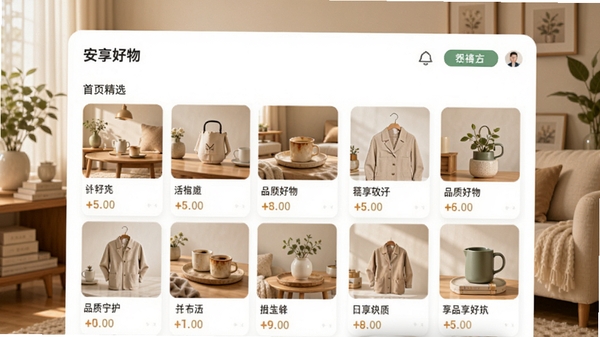 安享好物软件主界面预览图，展示首页精选商品瀑布流，背景为温馨的居家环境，商品卡片清晰可见，整体色调柔和明亮，突出品质生活感