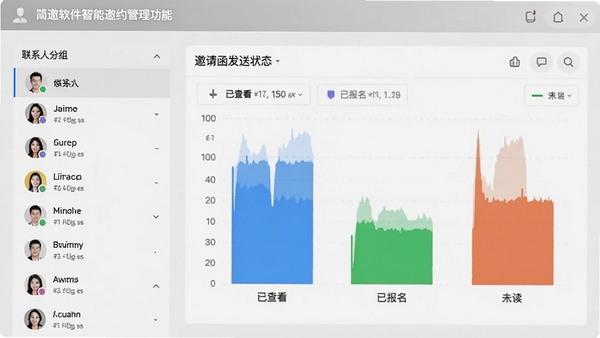简邀软件智能邀约管理功能的界面截图,左侧是联系人分组列表,右侧显示邀请函发送状态统计图,包含已查看、已报名、未读等数据,背景为浅灰色,整体界面简洁清晰
