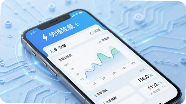 快通流量主界面展示,手机屏幕显示流量监控数据图表,背景为浅蓝色科技感界面,整体风格简洁现代,突出软件名称快通流量,画质高清,适合软件下载站预览图
