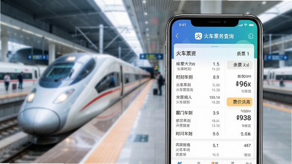 一张智能手机屏幕显示火车票务查询应用主界面，界面清晰展示列车时刻表、余票数量和票价信息，背景为模糊的高铁站台，现代简约风格，色彩明亮，突出软件名称“火车票务查询”的Logo，整体构图干净，适合应用商店预览图。