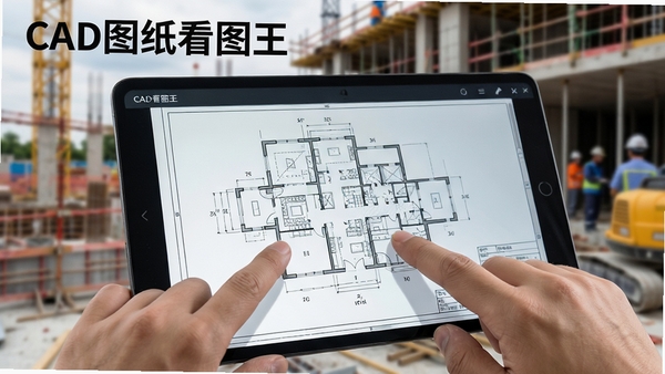 CAD图纸看图王打开大型图纸时的流畅操作场景，手指在屏幕上双指缩放图纸局部细节，图纸线条清晰锐利，背景为施工现场模糊处理，突出软件名称CAD图纸看图王和快速加载的性能优势。