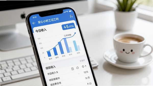 一部智能手机屏幕上显示安心小时工记工时软件主界面，界面中有清晰的工作时长统计图表、今日收入金额、项目列表，背景是整洁的办公桌和一杯咖啡，整体风格明亮简洁，突出实用与高效，画面主体为手机屏幕特写，背景虚化处理，适配Boogu模型生成。