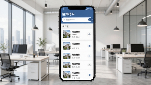榕源材料主界面展示，手机屏幕显示材料列表与搜索框，背景为现代办公室场景，风格简洁明亮，突出软件界面细节