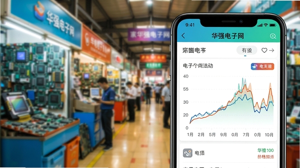 华强电子网app价格图表页面，显示电子元器件价格波动曲线，背景为电子市场模糊图，前景为手机界面展示，数据清晰，色调明亮