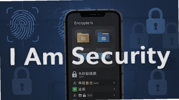 一张展示I Am Security隐私保险箱功能的示意图，手机屏幕显示加密文件夹和应用锁列表，背景有指纹和锁头图标，整体风格科技感强，突出软件名称I Am Security，画面简洁明了