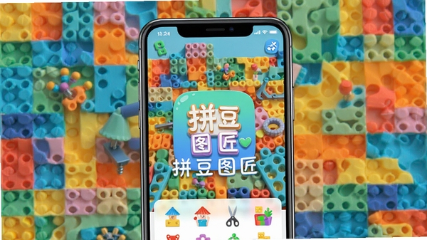 拼豆图匠主界面预览图,展示手机屏幕中软件运行界面,背景为彩色拼豆图案,界面简洁明亮,突出软件名称拼豆图匠,整体风格清新现代