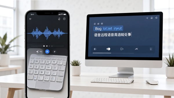 语音远程输入软件主界面预览图，手机屏幕显示麦克风波形与文字识别结果，背景为现代简约办公桌，电脑屏幕同步显示输入文字，整体画面明亮清晰，突出远程语音输入核心功能，设备与背景协调统一。