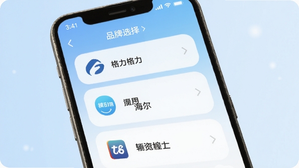 万能遥控器速控宝应用界面截图风格图片，手机屏幕展示品牌选择列表，列表项包含格力、美的、海尔等中文品牌名称，背景为浅蓝色渐变，界面UI设计简洁现代，图标圆润，突出智能匹配的便捷性，适合功能展示配图
