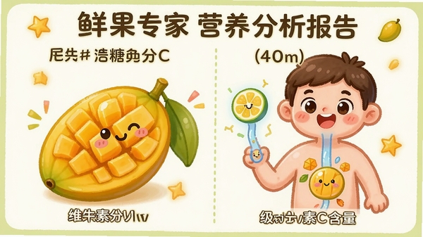 鲜果专家营养分析报告,展示芒果的糖分和维生素C含量,搭配卡通人体吸收图,风格可爱,信息直观