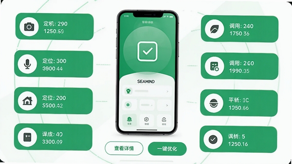 Seamind隐私权限监控界面，中央为手机模型，周围环绕各个权限图标（相机、定位、麦克风等），每个图标显示被调用的次数，下方有“查看详情”和“一键优化”按钮，整体配色采用绿色与白色，传递安全可靠的感觉
