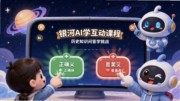 银河AI学互动课程学习场景,屏幕上展示一个历史知识问答挑战,用户点击选项后出现正确与错误提示特效,界面色彩丰富,卡通风格,背景有银河AI学吉祥物形象,营造轻松学习氛围