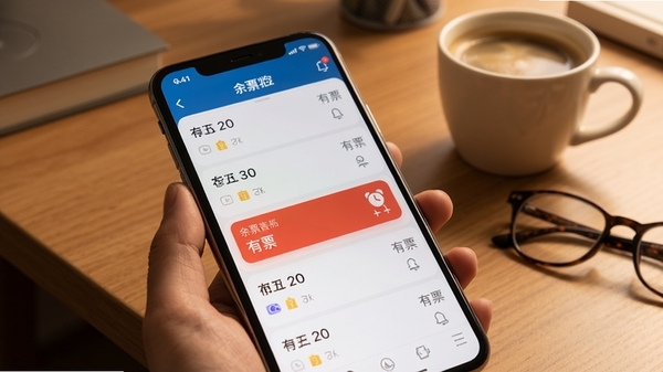 手机屏幕显示铁路高铁火车票购票应用内的余票监控界面，多个车次信息列表排列，其中一个车次显示“有票”红色标识，旁边有闹钟图标提醒，背景为书桌场景，手机旁边放着一杯咖啡和眼镜，画面温馨写实，突出智能提醒功能，适配Boogu模型生成