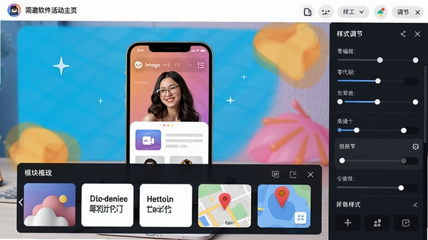 简邀软件活动主页编辑器操作界面,中间是手机预览框,下方是模块拖拽区,包含图片、文本、地图等组件,右侧是样式调节面板,整体色彩活泼,体现零代码搭建的便捷性