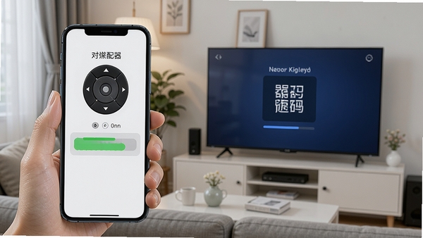 遥控器速配大全配对操作演示,手机屏幕显示配对进度条,电视屏幕同时显示配对码,背景为客厅实景,画质清晰,突出操作便捷性