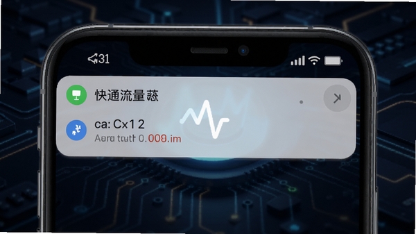 快通流量实时网速监控界面,手机通知栏显示实时流量数据,背景为深色科技风格,突出软件名称快通流量,画面清晰,适合功能展示