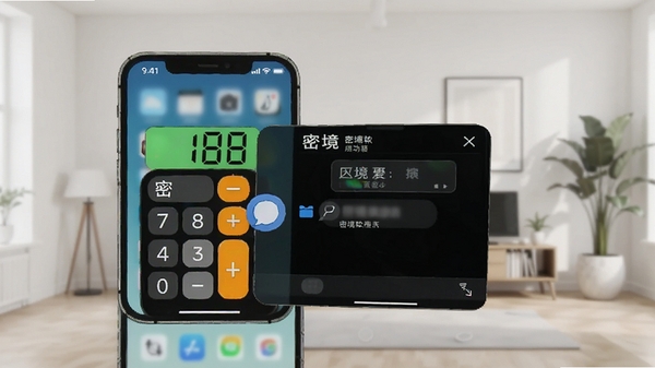 密境软件应用伪装功能演示图,画面主体为手机桌面上的计算器图标,点击后展开为密境聊天界面,背景为简洁的室内环境,对比鲜明,体现功能的安全与巧妙