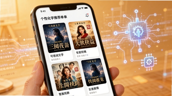 可阅文学智能推荐功能示意图，手机屏幕显示个性化推荐书单，包含多本热门小说封面，背景有数据流和算法图标，突出人工智能推荐概念，色调温暖明亮，渲染清晰