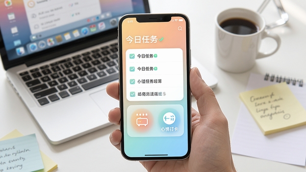 一张展示上班快乐软件在手机上的主界面截图，画面中央是今日任务清单和心情打卡图标，背景为柔和渐变的办公桌面，桌面摆放着笔记本电脑、咖啡杯和便签纸，整体风格明亮清新，突出高效与轻松的氛围，画面细节丰富，适合作为软件预览图。