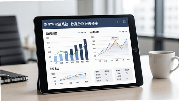 新零售实战系统数据分析报表预览图,平板电脑显示柱状图与折线图,包含营业额趋势、品类占比等数据可视化元素,背景是办公室桌面与咖啡杯,色调商务简约,包含“新零售实战系统”数据看板字样