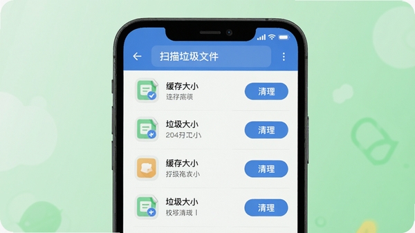 好易搭智能文件清理功能展示图,手机屏幕显示扫描出的垃圾文件列表,包含缓存大小和清理按钮,背景为清爽的浅绿色渐变,图标风格扁平化,画面简洁直观,突出安全清理主题