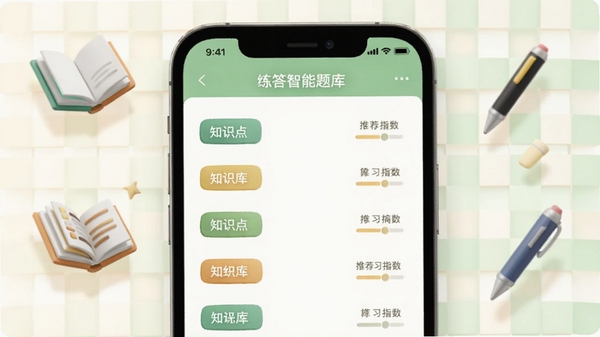 练答智能题库匹配界面，展示手机屏幕上算法推荐的个性化题目列表，左侧标注知识点标签，右侧显示推荐指数，背景采用暖白色与淡绿色交织的网格图案，画面点缀漂浮的书籍与笔的3D图标，营造智慧学习感