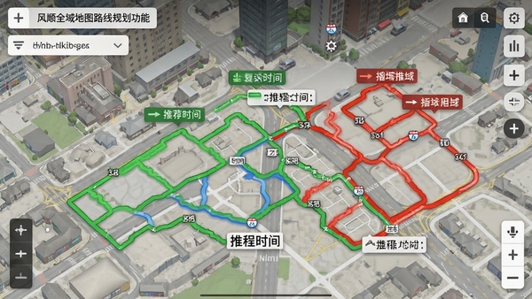 风顺全域地图路线规划功能截图，画面展示多条彩色路线对比，绿色代表推荐路线，红色代表拥堵路段，背景为城市街区，界面简洁，带有路程时间标签，写实风格，细节丰富