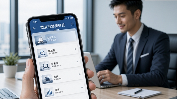 微友通快捷回复与群发助手功能演示，手机上显示自定义回复模板列表，背景为商务人士办公场景，色调专业，突出高效沟通的实用场景